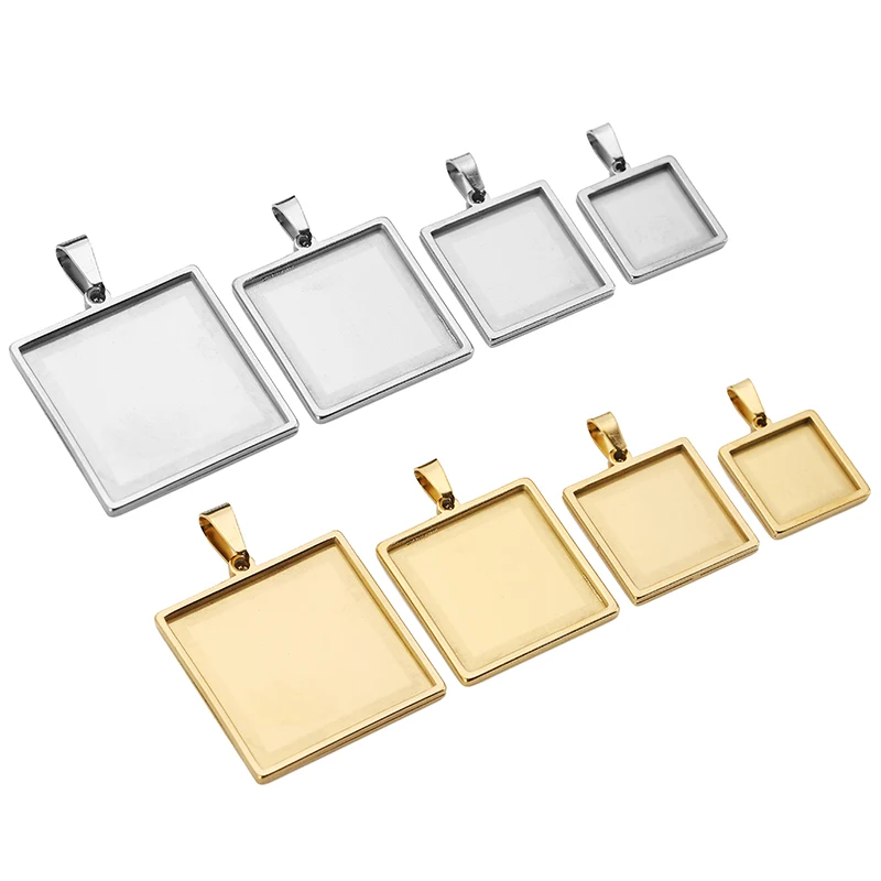 5pcs Gold Stainless Steel Square Bases 10/15/20/25/30mm Cabochon Bezel Blank Trays for Pendants Setting Jewelry Making Supplies