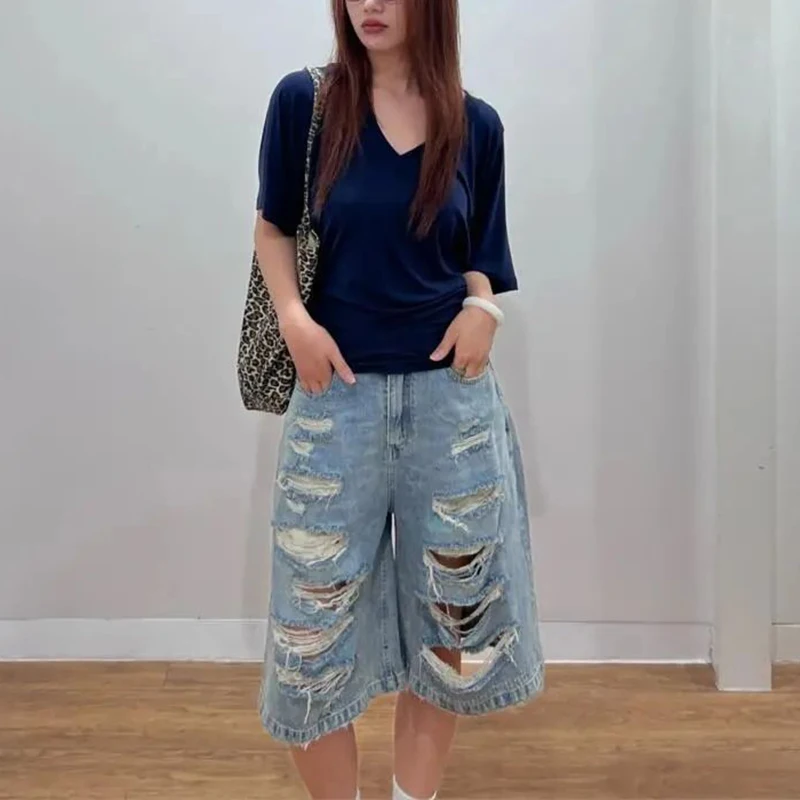 

Summer Lady Ripped Designer Baggy Jeans Girls Streetwear Retro High Waist Capri Pants Women Fashion Solid Thin Denim Shorts
