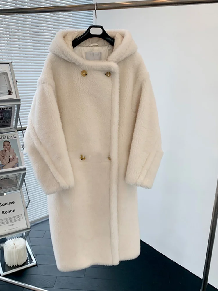 

2023 New Hooded Teddy Bear Coat Long Women Loose Autumn Winter Alpaca Fur Coat Turn-down Collar Long Sleeve Real Fur Jacket Fema