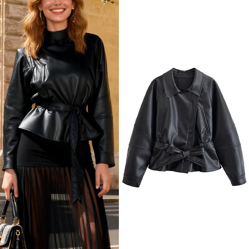 

Women's Jacket 2025 New Fashion Autumn Black Long Sleeve Belt Faux Leather Jacket Motorcycle Style Personality Ladies Jacket