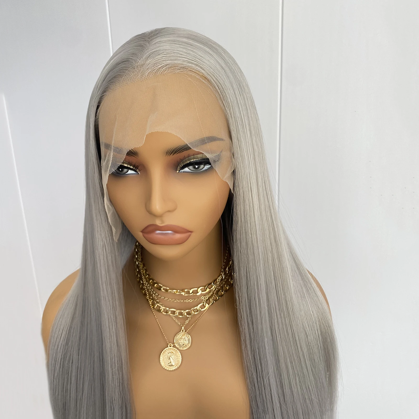 

Серебристо-серый парик спереди, длинные шелковистые прямые синтетические волосы 13X4, естественный вид, бесклеевой парик для ежедневного использования, термостойкий косплей