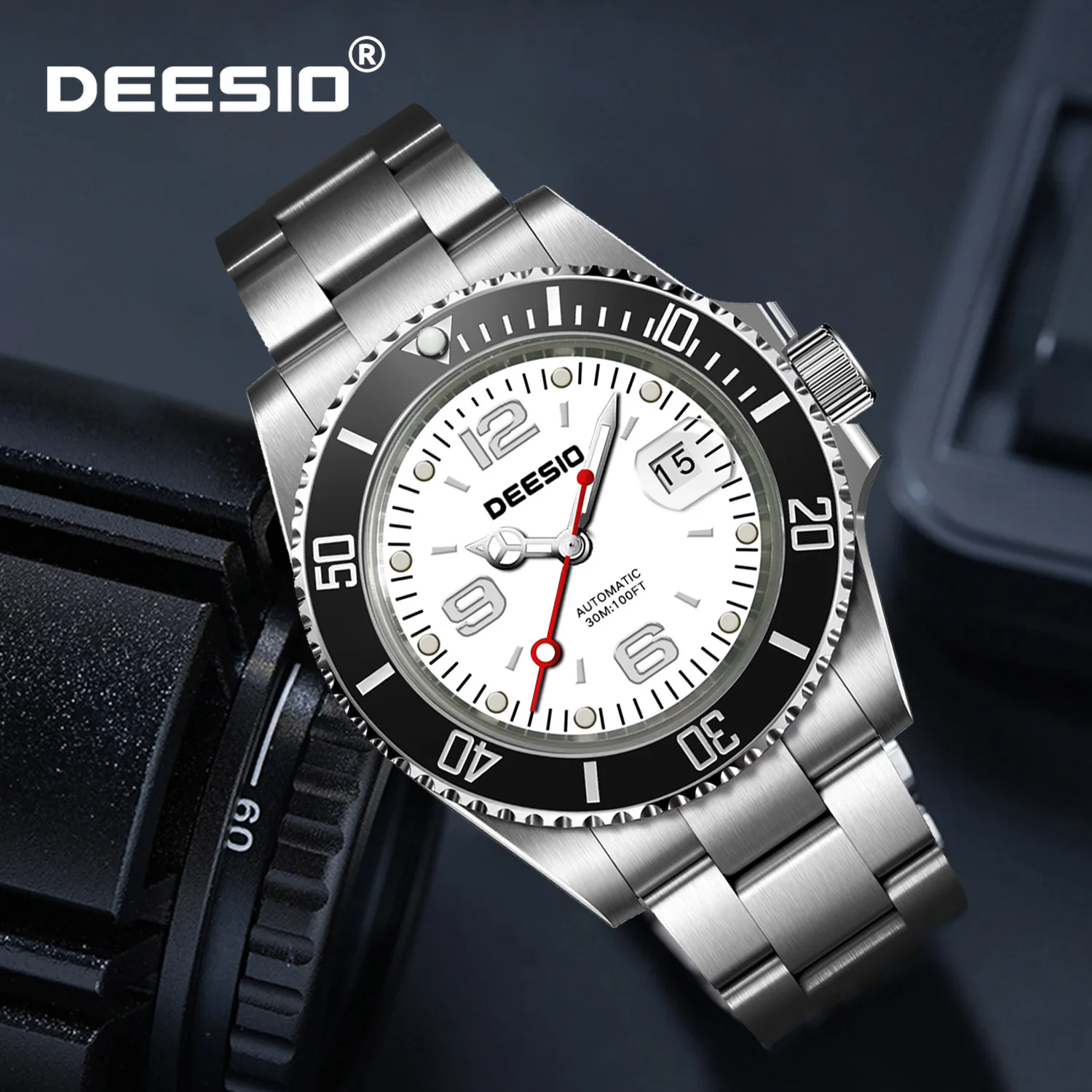 

Deesio Men's Luxury Automatic Watch Stainless Steel Sapphire Skeleton Luminous Date Display Water proof Self-Winding Mechanical