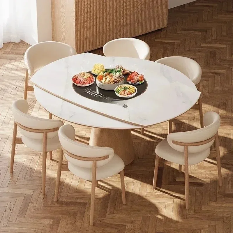 A Folding Table Solid Wood Dining Table Embedded Turntable Induction Cooker Dual-purpose Retractable Rock Slab