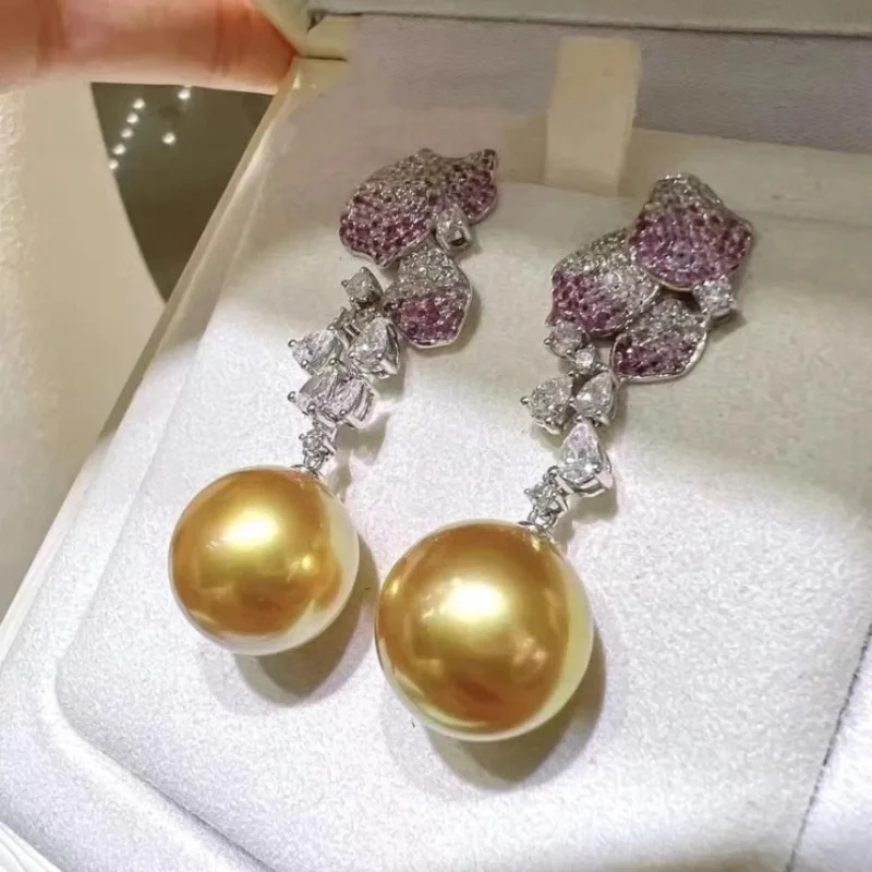 Fashionable Elegant 925 Silver Gold South Sea Pearl Earrings AAAA Super Large Natural 10-11 Mm Elegant Jewelry Accessory