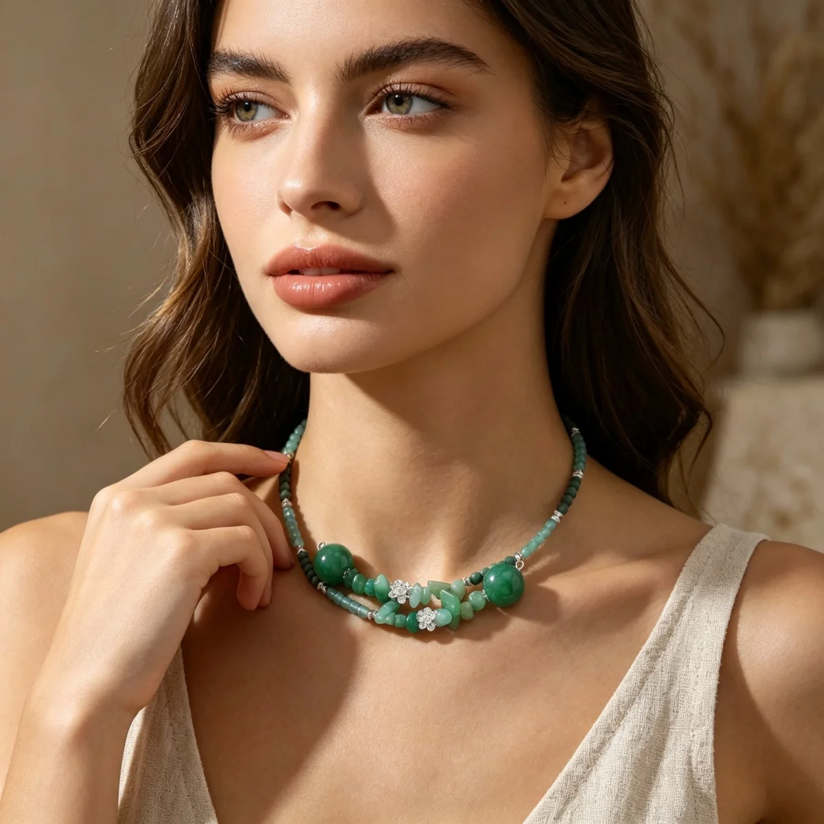 Vintage Ethnische Grüne Naturstein-Halskette mit Unregelmäßigen Perlen für Frauen und Männer, Chinesischer Stil, Silberfarbener Lotusblumen-Choker Schmuck – Detail 12