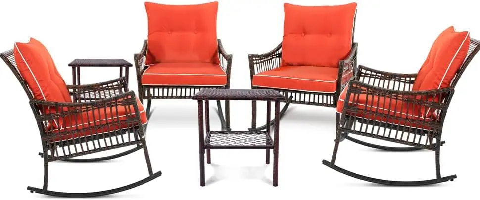 6-Piece Patio Furniture Set,Outdoor Rocking Chairs Set of 2, Patio Conversation Set with 4 Wicker Chairs with 2 Glass Coffee Tab