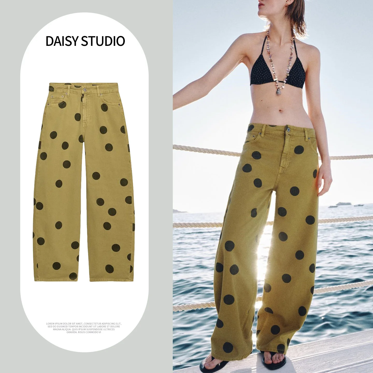 

Summer New Women's Long Zipper Buckle Polka Dot Decorated Barrel Shaped Jeans Natural Waist Wide Leg Polyester Fiber