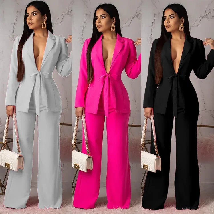 Matching Sets Cardigan Outerwear Full Length Wide Leg Pant Sets Solid Two Pieces set Loose Pockets Office Lady 2024 Spliced