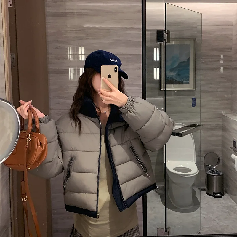 Giacca reversibile imbottita in cotone per donna Colletto rialzato invernale Cappotto spesso in colore a contrasto Giacche calde moda casual coreana
