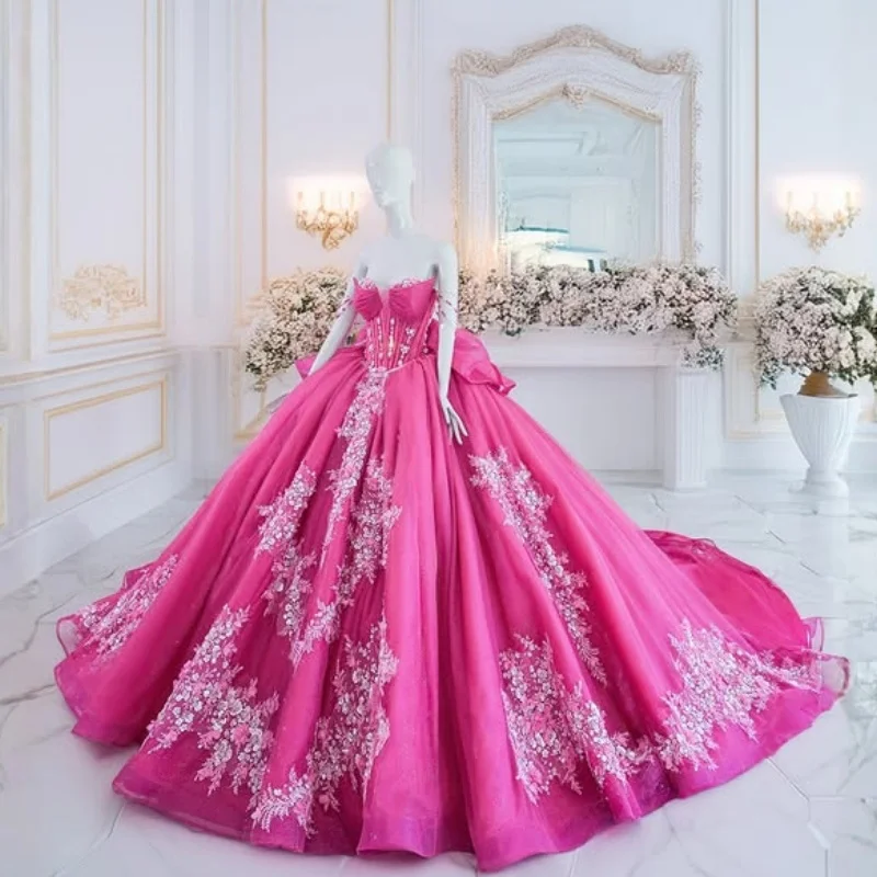 

Rose Pink Quinceanera Dresses off-shoulder Decal Crystal Glitter Flower Long tail Vestido De 15 Quinceanera Customize