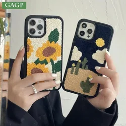 New Embroidery Sun Flower Cover For iPhone 11 12 13 14 15 Pro Max Xr X Xs 14 15Plus Winter Aesthetic Fuzzy Plush Shockproof Case