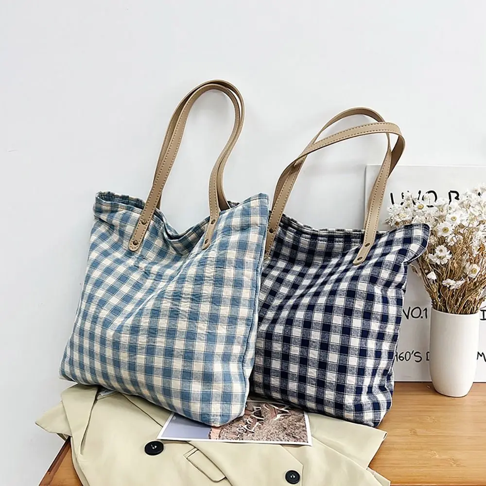 Canvas Tote Bag Gingham Plaid Reusable Grocery Handbag Shoulder Bag for Travel, Shopping, Weekend, Holiday Birthday Gift