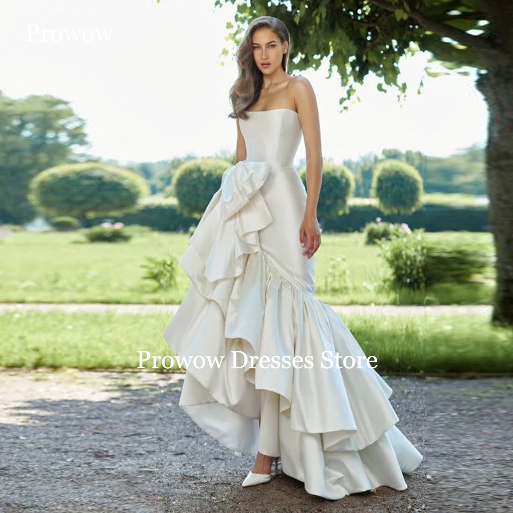 

Prowow Elegant Strapless Mermaid Wedding Dresses Sleeveless Floor Length Bridal Gowns Customized Ruffles Layered