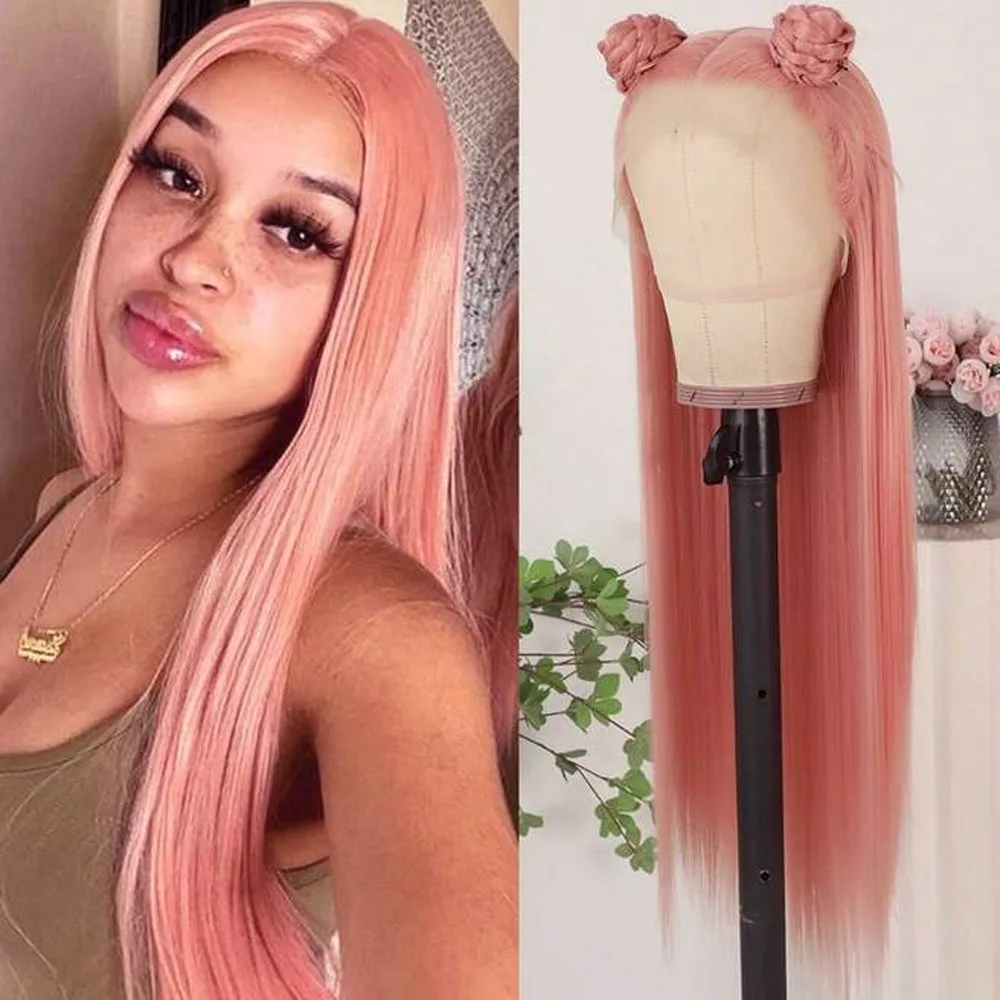 13x4 Peach Pink Lace Front Wig Long Straight Synthetic Hair Pre-Plucked Glueless Cap Wig for Women Daily Use Cosplay 24 Inch