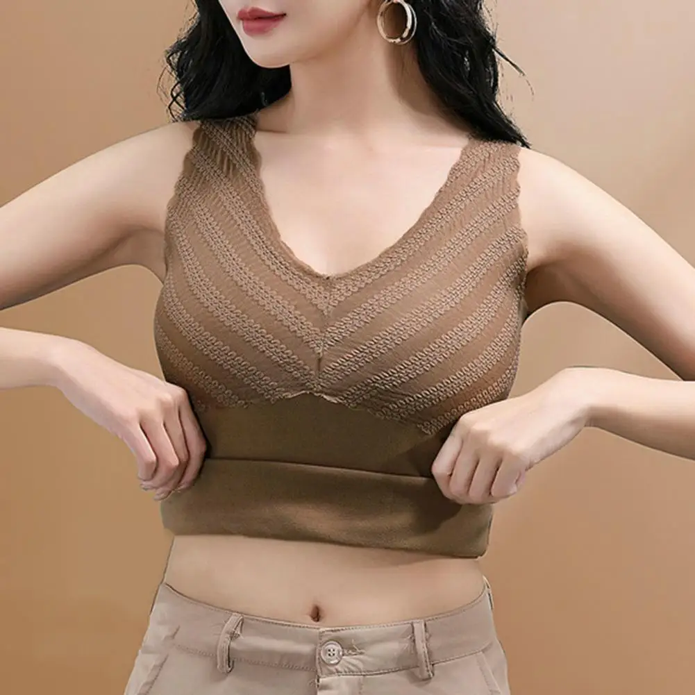 DE Velvet Lining Women Bottoming Vest Padded Bra Autumn Winter Thermal Vest Warm Underwear Sexy Plush Nightwear Warm Tanks