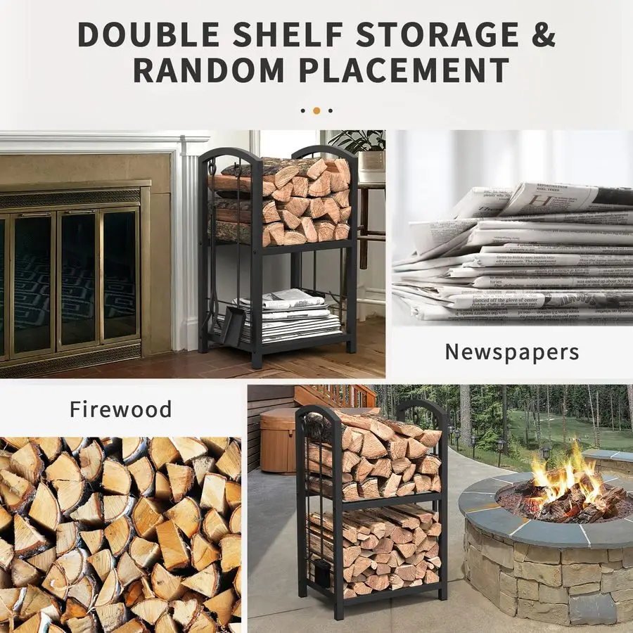 IRONSTONE Firewood Rack with Fireplace Tools Set, Fireplace Tool Rack for Indoor Outdoor Fire Log Holder Wrought Iron Large Wood