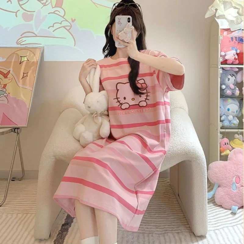 Hello Kitty Pink Striped Cartoon Pajamas for Women Loose Summer Home Wear Casual Loungewear Night Dress Cute Soft Sleepwear New