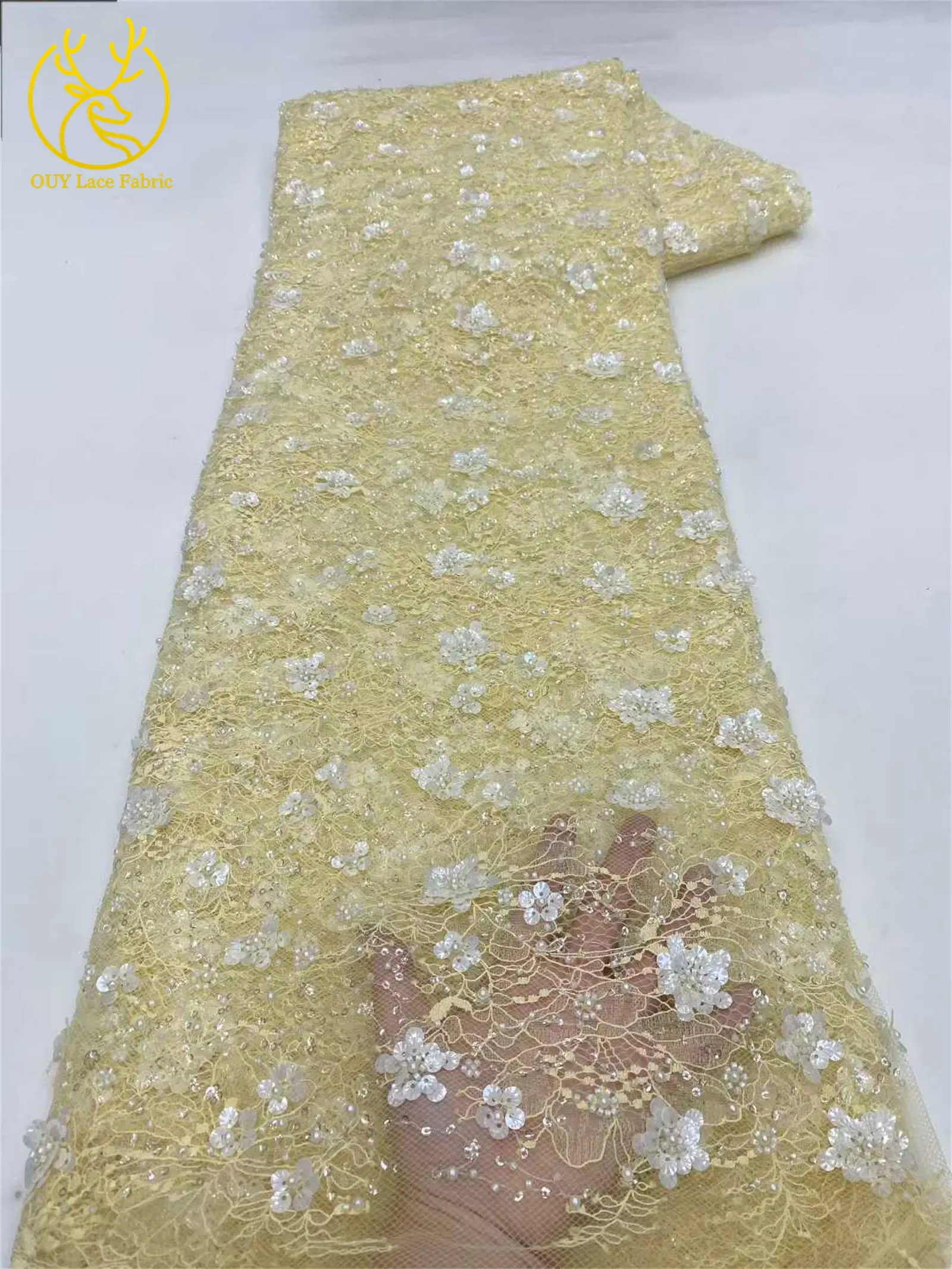 Wunderschöner afrikanischer 3D-Blumen-Pailletten-Spitzenstoff 2026, hochwertige französische nigerianische Perlen-Spitze für Damen-Abendkleider zum Nähen – Detail 13