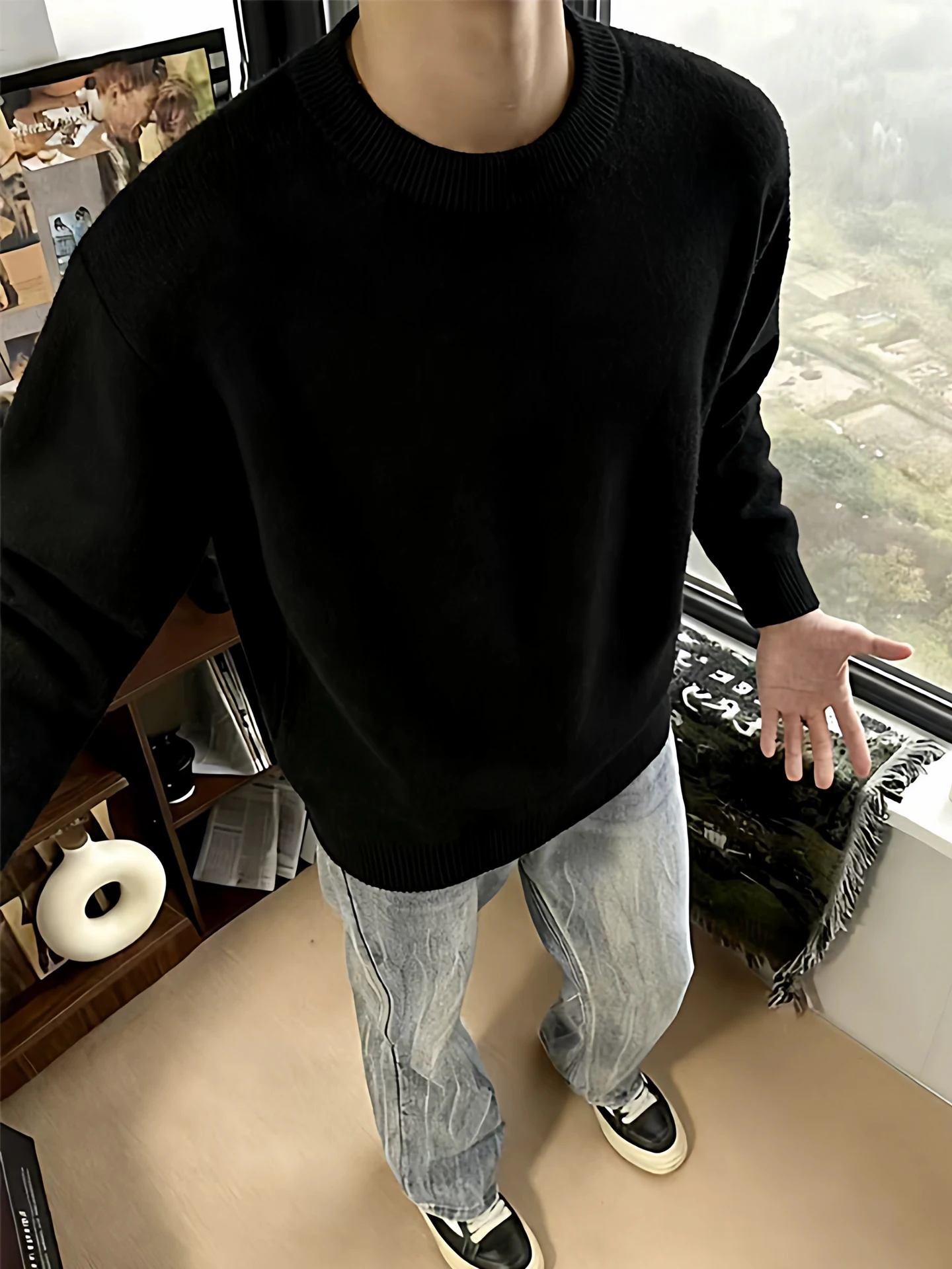 

Мужской черный свитер Cleanfit с круглым вырезом, на флисовой подкладке, вязаный, утолщенный, зимний, базовый слой, в стиле Lazy High End, куртка