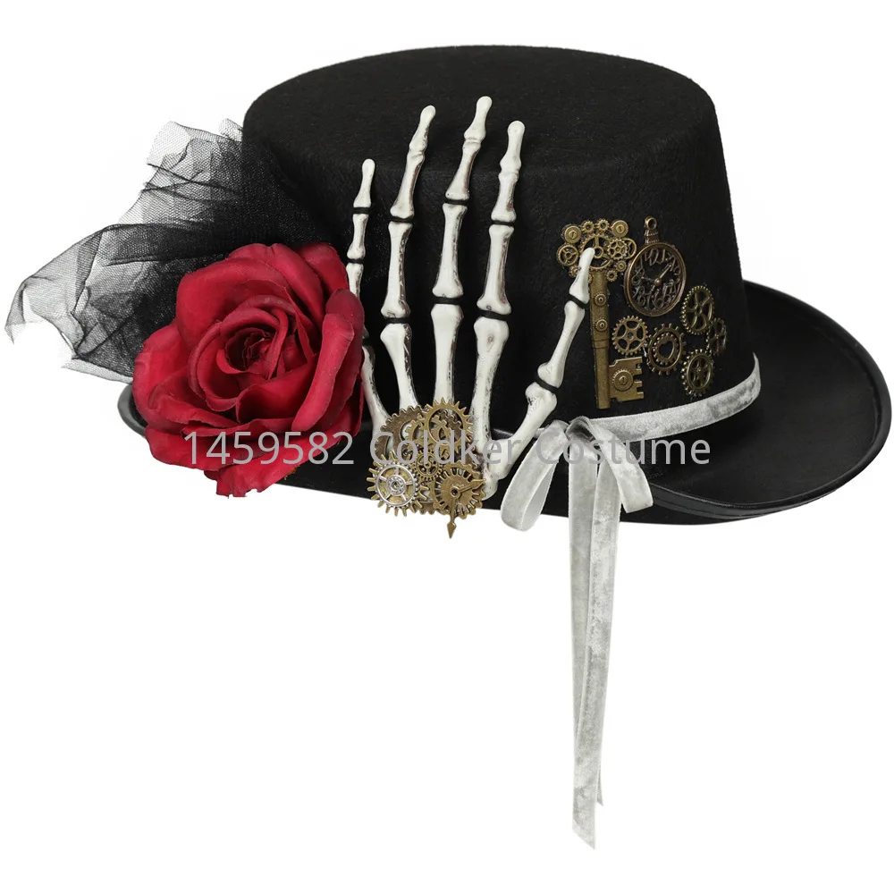 Unisex Retro Style Steampunk Top Hat Metal  Rose Gothic Rivet Wide Brim Head Wear Gears for Jazz Cosplay Halloween Fancy Dress