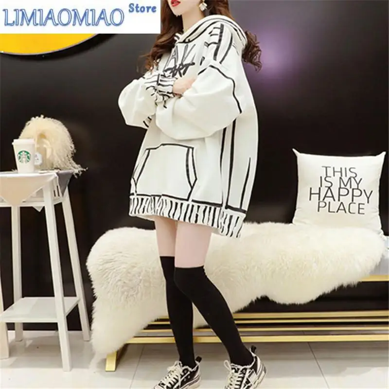 New Plush Padded Sweatshirt Women Autumn Winter Printing Hooded Long-sleeved Pullover Loose Fashion Commuter Top Female 316