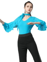 Solid Color Dance Wear Latin Costume Long Sleeve Rompers Women Standard Dances Woman Girls Ruffle Female Clothing Practice Tops