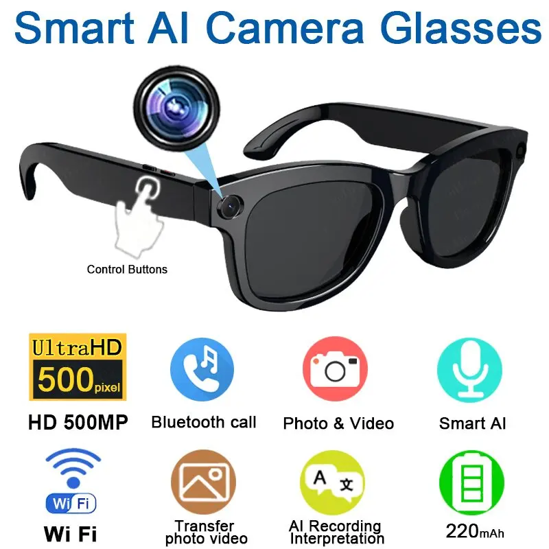 AI Smart Glasses 500W HD Camera Shooting Bluetooth Calling Intelligent Voice Assistant Control Music Smart Glasses For Men Women