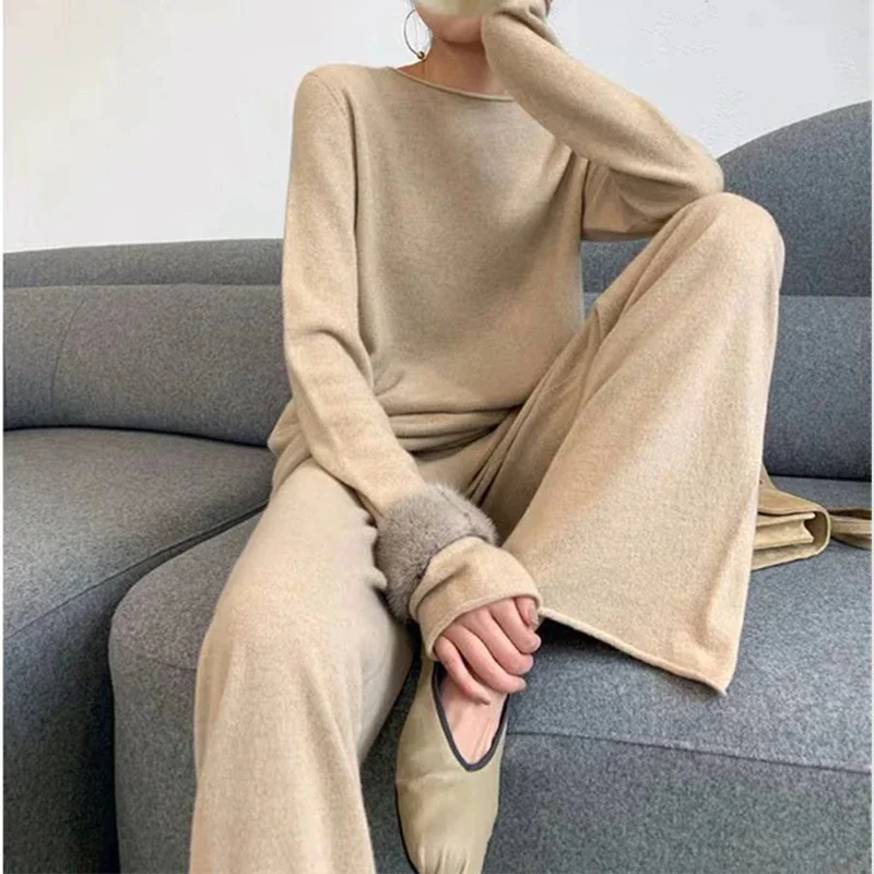 Chic Cashmere Sweater + Wide Leg Pants Women Elegant Winter Fall Business Pants Sets Ladies Streetwear Luxury Knit 2 Piece Sets