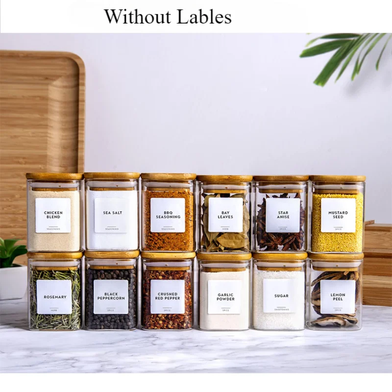 5oz Glass Jars Set with Spice Labels,Square Spice Jars with Bamboo Lids/Sticker Labels, Food Storage Container Canisters