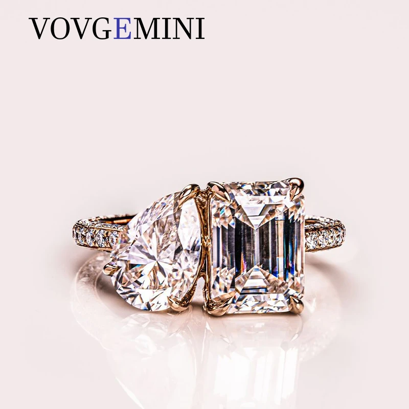 

VOVGEMINI Moissanite Real 18k Gold Ring 9.5x7mm 2ct Emerald Cut 9.5x6.5mm Pear Shape 585 Romantic Woman Jewelry For Wedding