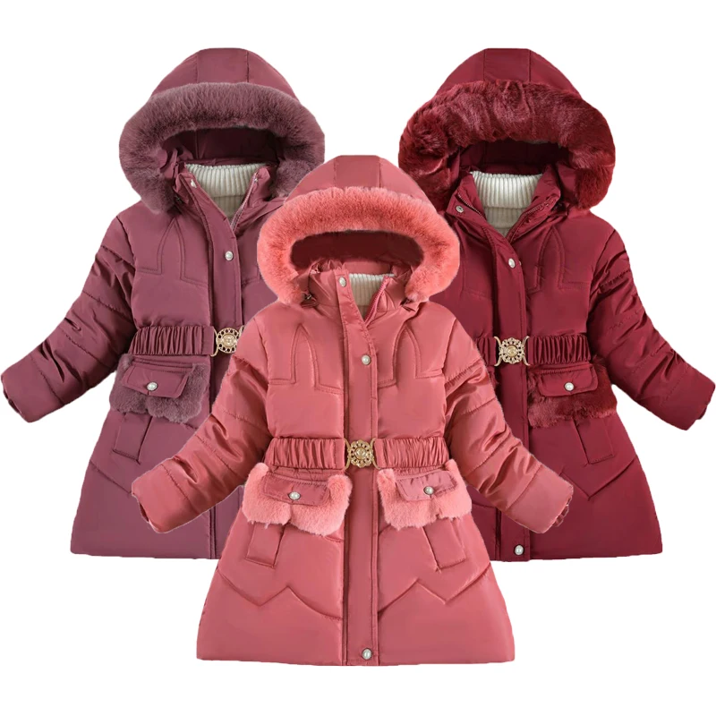 

Teenagers Fashion Girls Jacket 2023 Winter Med-Long Solid Color Lining Plus Velvet Thicken Keep Warm Hooded Outwear For 5-14Y