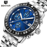 BENYAR Watches for Men 5198 Top Brand Quartz Wristwatches Waterproof Fashion Luminous Date Chronograph Stainless Steel Men Watch