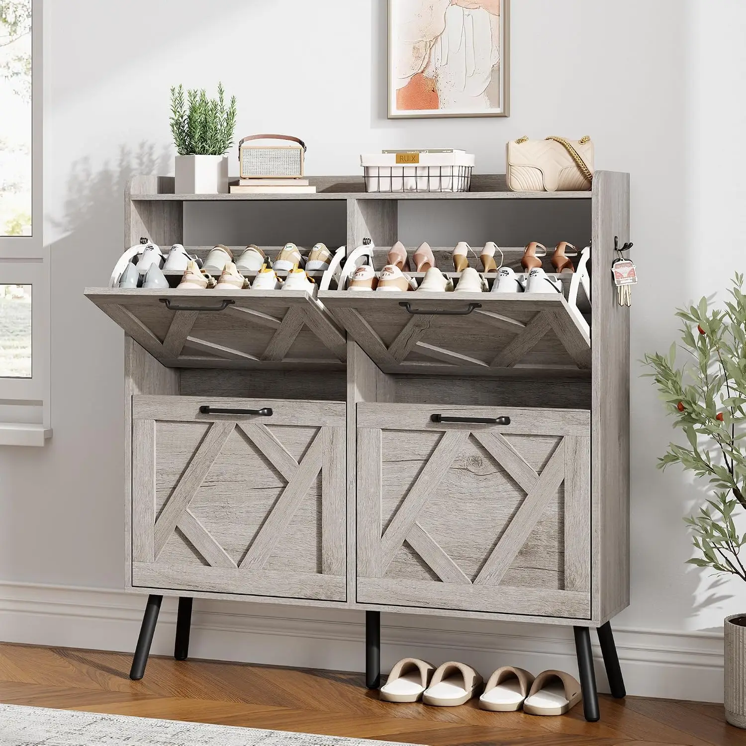 Shoe Cabinet 4 Flip Drawers Freestanding Farmhouse Narrow Shoe Storage Entryway Foyer Hallway, Customized