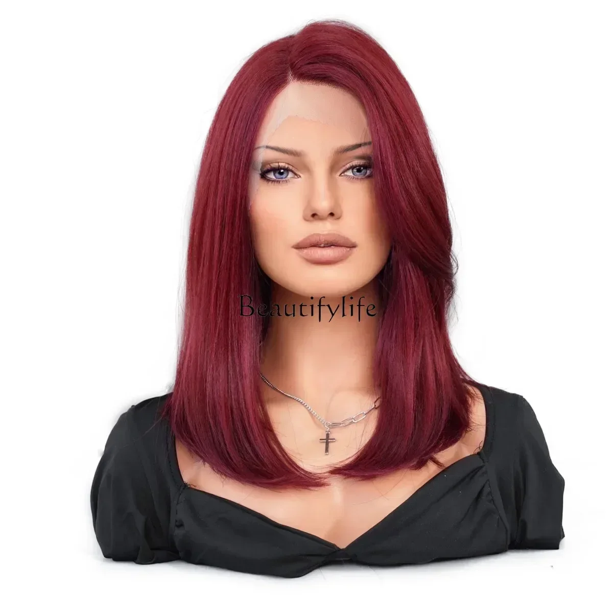 Wig Fuchsia female full hood shoulder straight hair side part natural and realistic