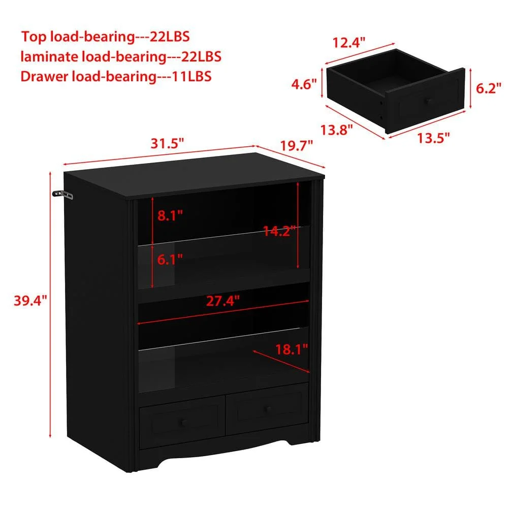 خشب أسود 31.5 بوصة. خزانة النبيذ ذات العرض، خزانة جانبية مع رفين مفتوحتين. 2 درج ونصف سياج زجاجي #5