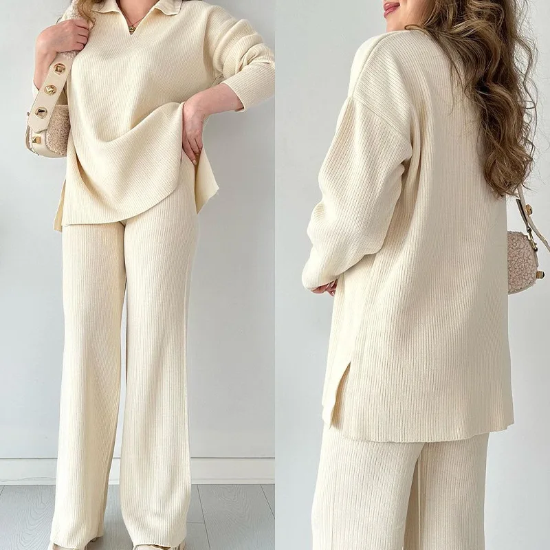 Lady Loose Outfit Cozy Knitted Women\'s Pajama Set with V Neck Top Wide Leg Trousers for Fall Winter Loungewear Collection V-neck
