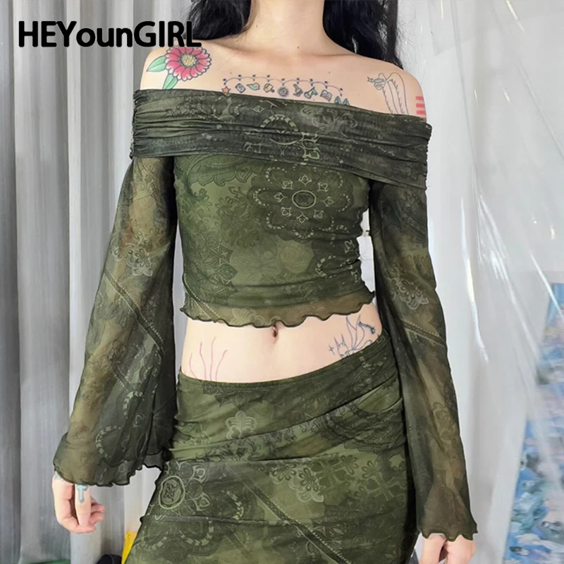 HEYounGIRL Vintage Green One Shoulder Crop Top Mori Girl Style Women Sexy Mesh Y2K Print Flare Sleeve Tee Shirt Aesthetic Outfit