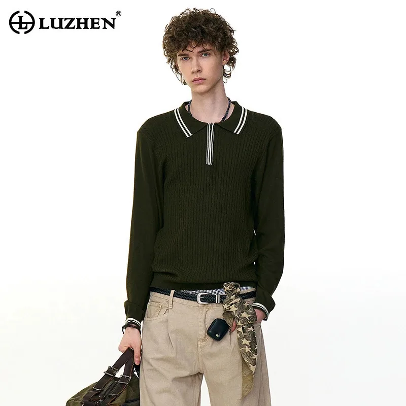 

LUZHEN Fashion Original Color Contrast Stripe Polo Neck Long Sleeve T-shirts Men's 2025 Autumn High Quality Elegant Tops JY3885
