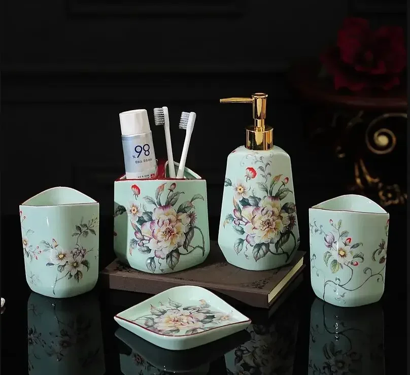 Vintage Bathroom Decor Ceramic Shower Gel Bottle Hand Washing Fluid Bottle Soap Dish Mouthwash Cup Toothpaste Toiletries Holder