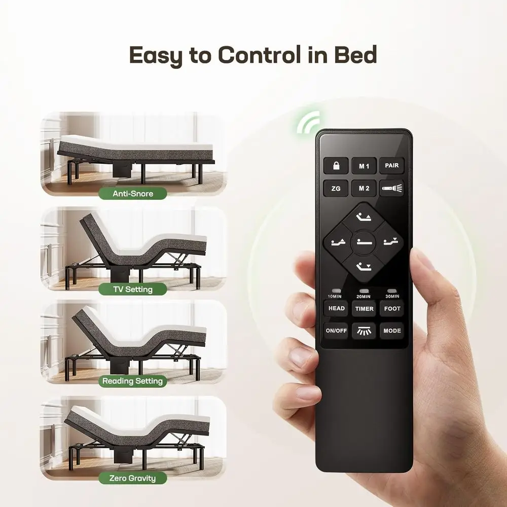 Adjustable Bed Base with Massage, USB Ports, Nightlight, Wireless Control, Quick Assembly, Multiple Height Settings