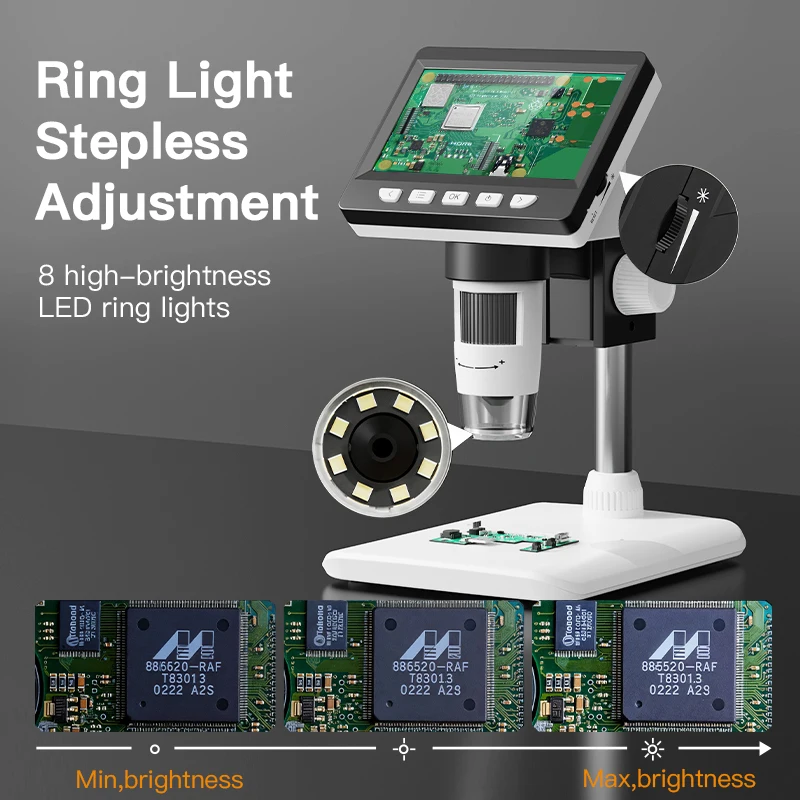 디지털 현미경 4.3 "IPS USB 동전 현미경 1000X 배율 2MP 수리를위한 초정밀 포커싱 납땜 현미경