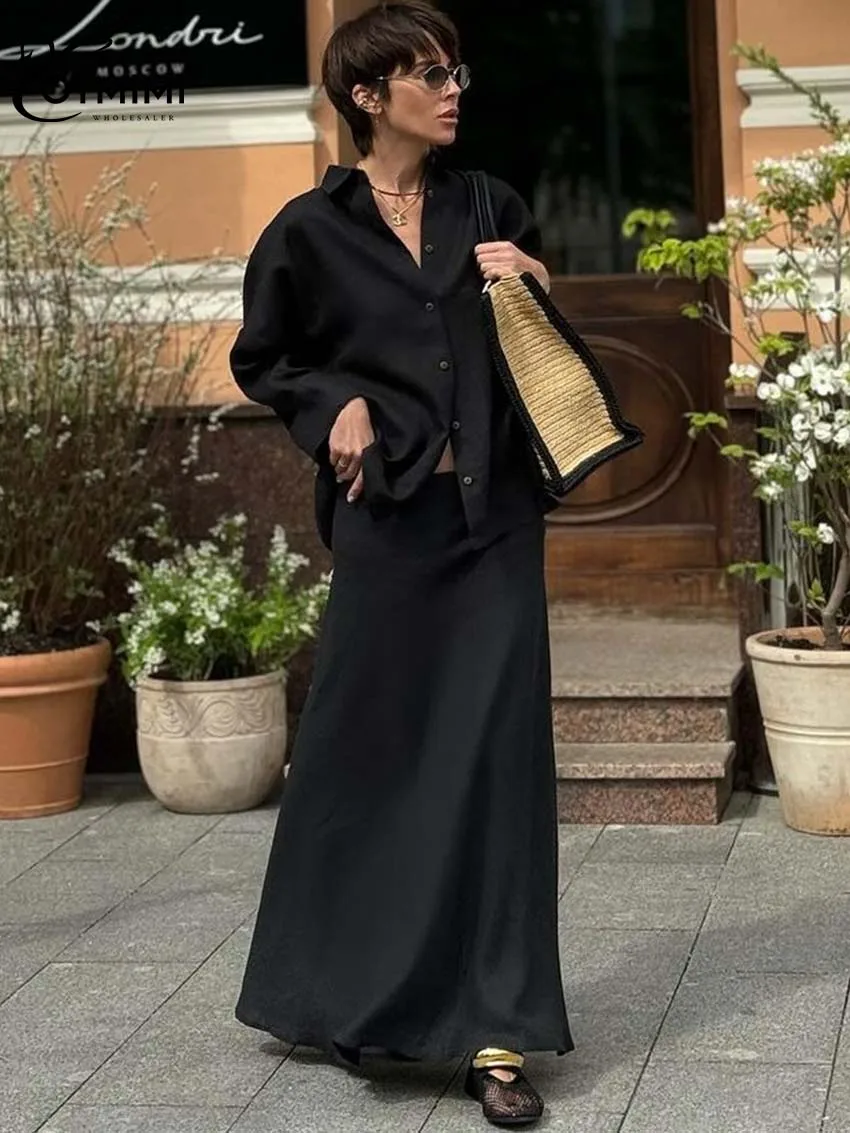 Oymimi Casual Balck Cotton Women Set da 2 pezzi Outfi elegante risvolto camicie a maniche lunghe con bottoni e semplici gonne dritte Set femminile