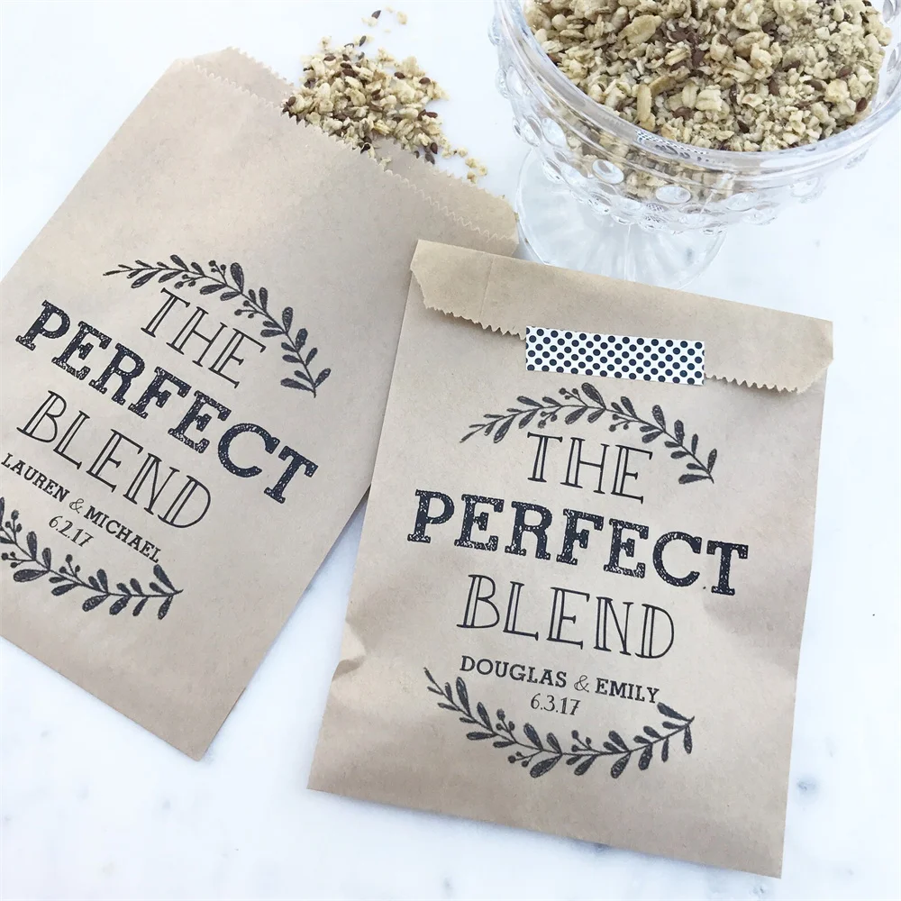 50pcs Wedding Favor Bags! - The Perfect Blend - Coffee, Tea & Honey, or Granola Favor Bags - Custom Printed on Kraft Brown Paper