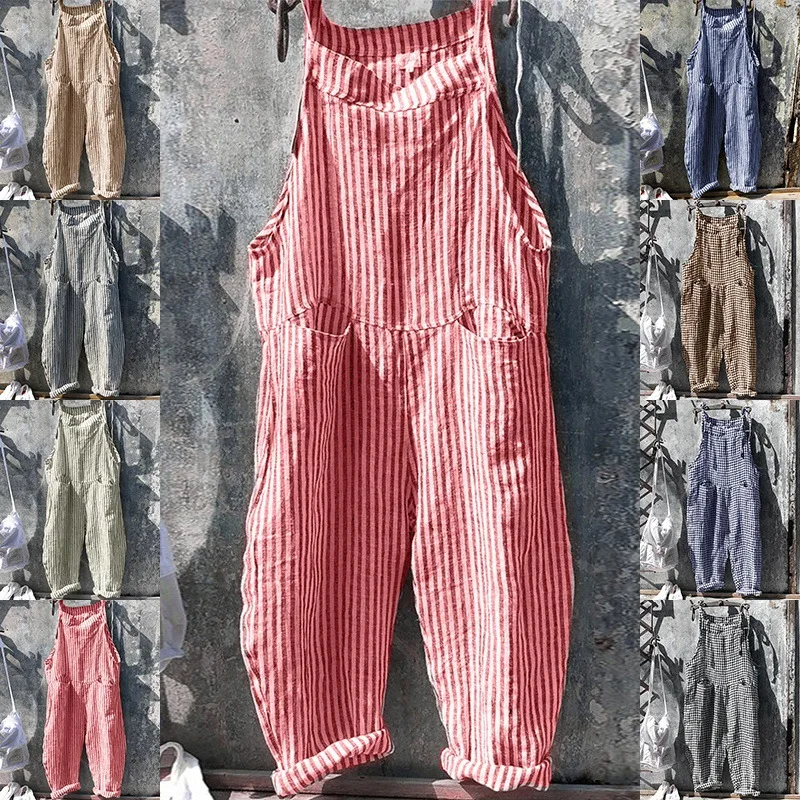 

High Quality 2023 Spring Autumn Casual Women's Fashion Cotton Overalls Bohemian Stripe Casual Overalls