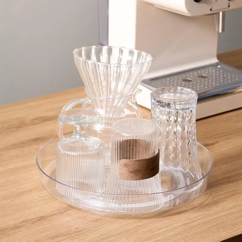 Clear Plastic Rotating Storage Tray 360 Degree Smooth Rotation Anti Fall Guardrail For Kitchen Bathroom Cosmetic Use