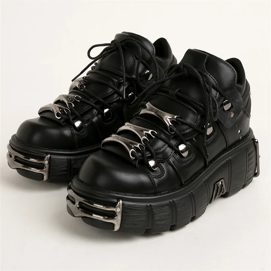 PUNK สไตล์ผู้หญิงรองเท้าผ้าใบ LACE-up ส้นสูง 6 ซม.แพลตฟอร์มรองเท้าผู้หญิง Gothic ข้อเท้า ROCK รองเท้าโลหะตกแต่งผู้หญิง Man รองเท้า 2025