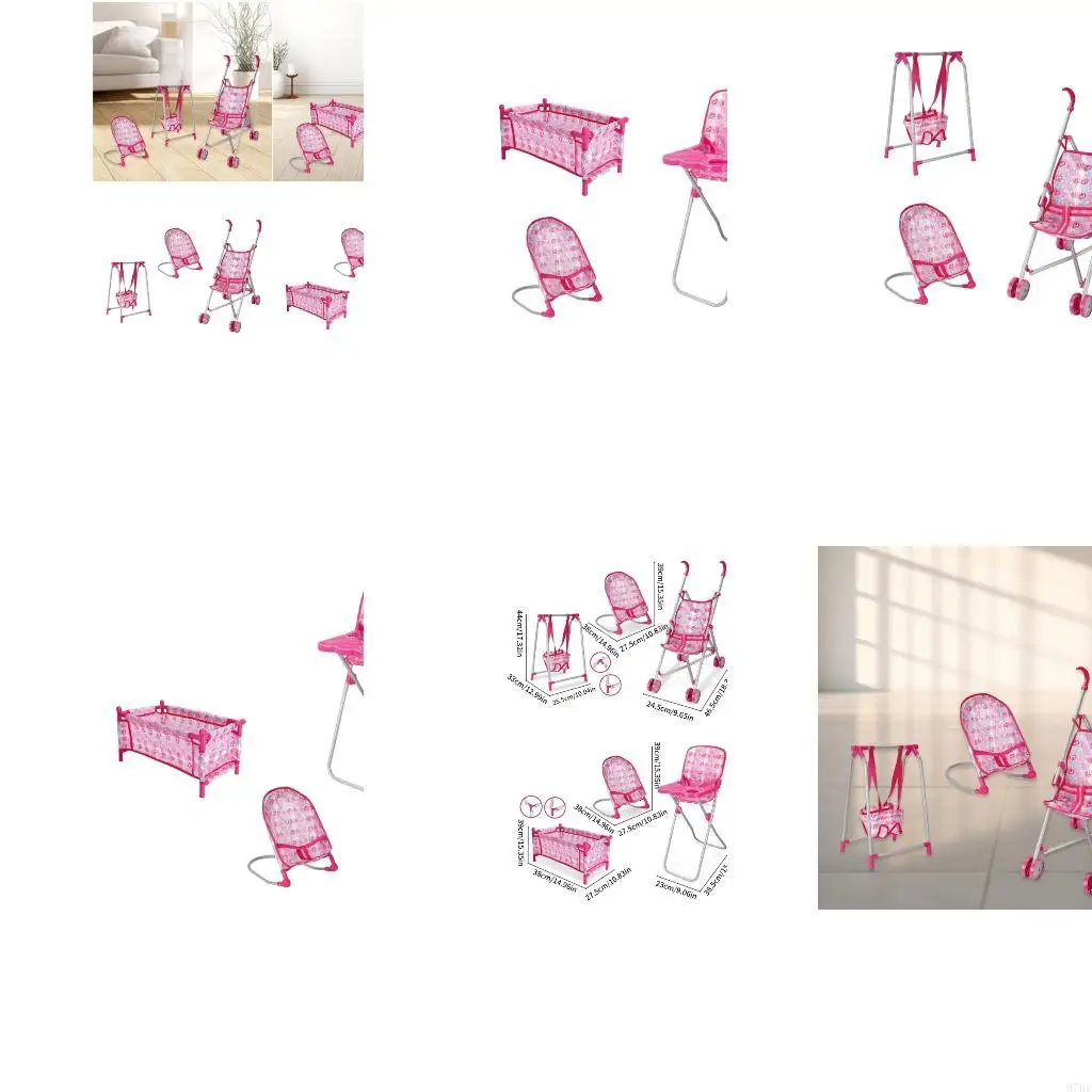 

97BE Pretend Play Stroller Set Highchair Swing Baby Doll Nursery Accessory For Kids