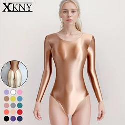 XCKNY One piece sexy tights oil glossy slip smooth Thongs high fork long sleeve swimsuit Yoga sportswear solid color BODYSUIT