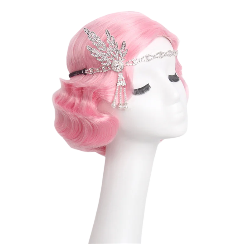 Great Gatsby Cosplay Wig Retro 1920s Flapper Wig Pink Wig Wave Hair Carnikalen Head Cover Water Ripple Wig Powder