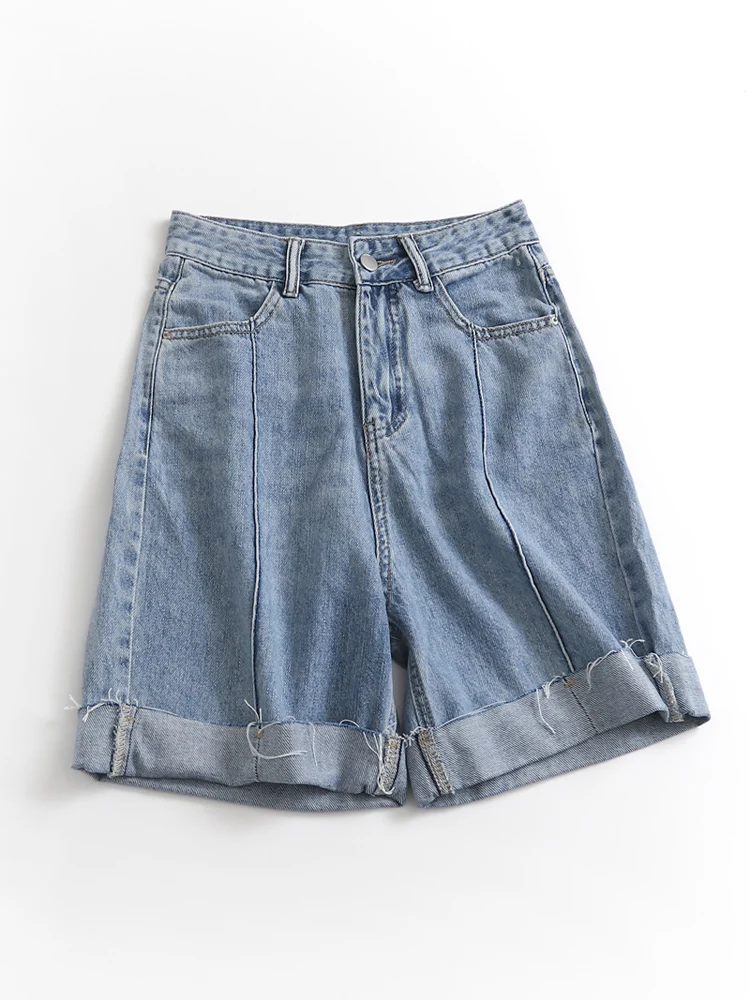 

High Waist Wide Leg Jeans Pure Color Faded Women's Summer New Style Versatile Shorts Zipper Closure Blue Denim Fabric